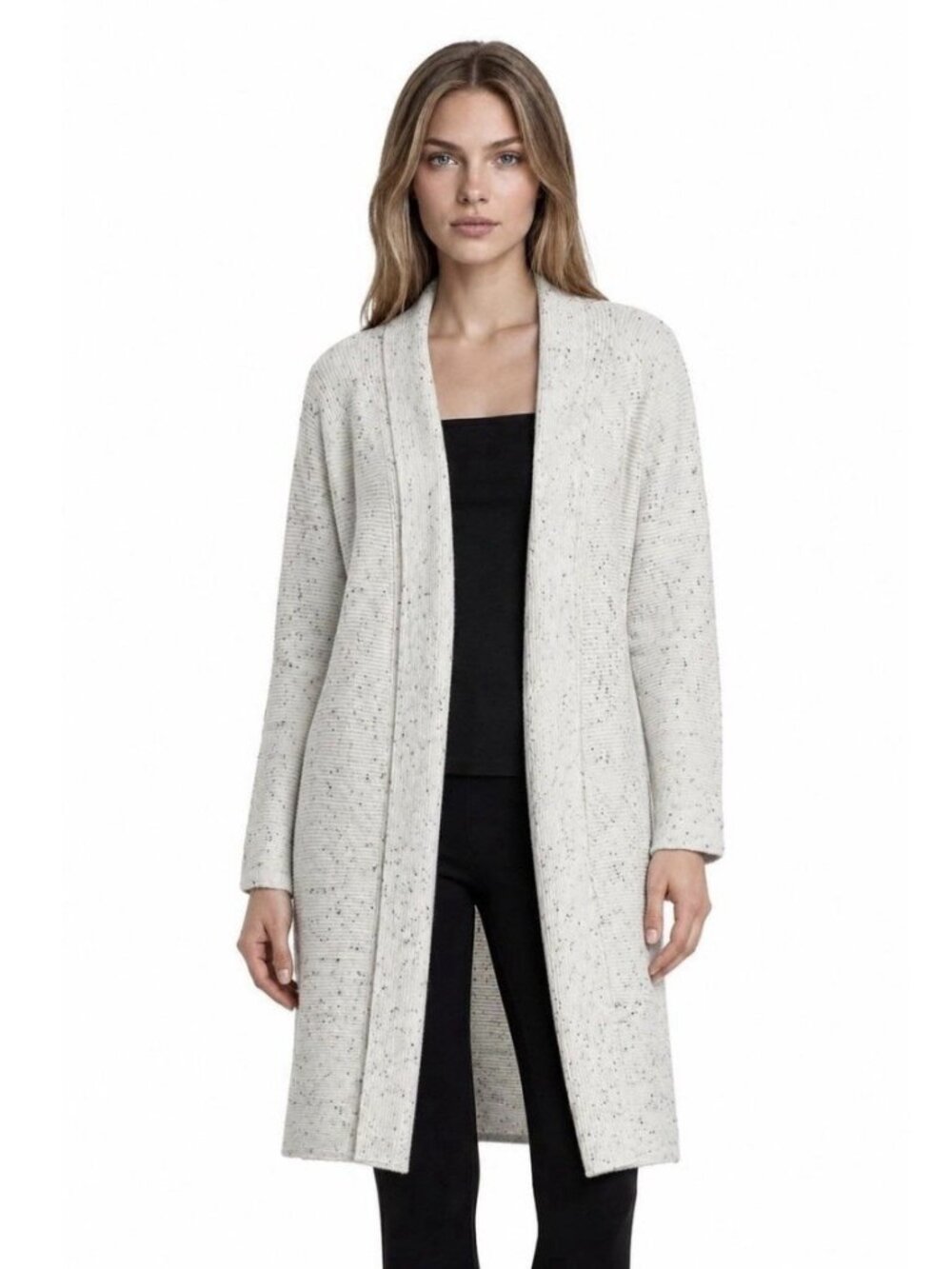 Haven Well Within Long Open Front Speckled White Black Knit Cardigan Medium